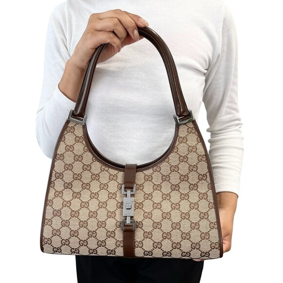 GUCCI Vintage GG Monogram Logo Jackie Shoulder Bag Brown Beige Canvas [105960] - Picture 2 of 12